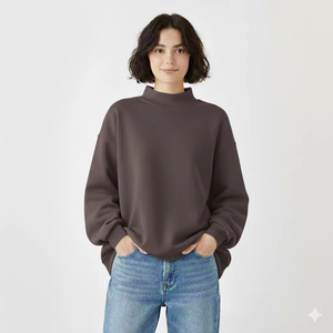 <b>Women</b> Oversized Mockneck Fleece Sweatshirt Loose Fit Cotton Casual Winter Streetwear <b>Top</b> with Front Badge <b>Sequined</b> Decoration - Product Image 1