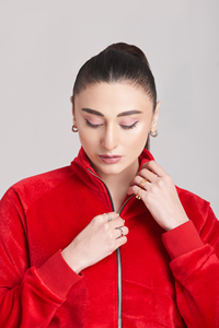 ชุดวอร์มสำหรับผู้หญิงมีฮู้ดและกางเกงคอตั้งแขนยาวคอตั้งสีปกติสีแดงออกแบบโลโก้ได้ตามต้องการดีไซน์ล่าสุด - Product Image 4