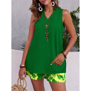 Women'<b>s</b> Strappy V-Neck Sandy <b>Blouse</b> <b>and</b> Patterned Shorts Two-Piece Set, 37823 - Green - Product Image 5