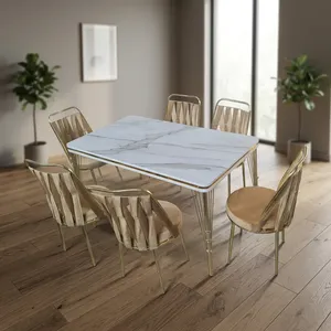 Modern Marble Top <b>Dining</b> <b>Table</b> Set with Gold Frame and Slat Back Chairs 6 Piece - Product Image 2