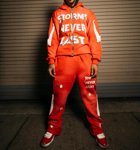 Sweat à capuche zippé boxy délavé à l'acide et pantalon moins évasé pour hommes survêtements personnalisés avec lettres et patchs brodés en détresse vêtements de sport - Product Image 2