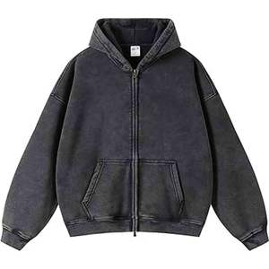 Sweat à capuche personnalisé vintage XL zippé avec lavage à l'acide patch de broderie en détresse 100% coton au crochet confortable bouffée 3D éponge pour l'hiver - Product Image 5