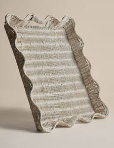 <b>Large</b> White Scalloped Rattan Serving <b>Tray</b> with Handles, Luxury Handwoven Wicker Ottoman <b>Tray</b> for Home Decor - Product Image 1