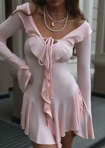 [Bon prix] DR141 moulante mini robe tissu élastique jupe plissée col en V profond manches longues 2025 avec 2 couleurs ROSE BLANC - Product Image 3