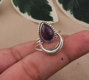 แหวนอเมทิสต์รูปหยดน้ำตาทำด้วยมือแหวนสเตอร์ลิง925รูปพระจันทร์เสี้ยวของขวัญครบรอบ - Product Image 3