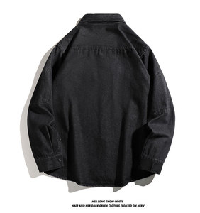 2025 người đàn ông của lỏng phù hợp với Denim cao bồi làm việc Áo sơ mi túi màu xanh đen dài tay áo thả vai thiết kế giản dị jeans hàng đầu - Product Image 5