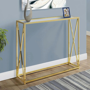 Table console multifonctionnelle avec dessus en verre trempé transparent de 1/2 pouces d'épaisseur et base en métal doré poli avec design X - Product Image 1