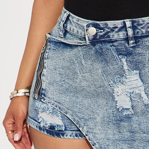 Minifalda vaquera de alta calidad, Minifalda vaquera elástica con lavado medio para mujer, ropa informal desgastada con detalle cruzado de tiro medio, OEM - Product Image 4