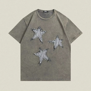เสื้อยืดผ้าฝ้ายโอเวอร์ไซซ์ของผู้ชายปรับแต่งได้ปรับแต่งได้ปรับแต่งได้ลายปักลายกรดเอฟเฟกต์ปะติดโลโก้ - Product Image 5