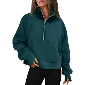Sudadera con capucha de algodón 100% para mujer, media cremallera, cuello levantado, invierno, transpirable, sostenible, antiarrugas, con logotipo en la parte delantera y trasera - Product Image 5