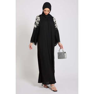 Abaya Ouverte Épaules Embellies De Lierre Argent Premium Texturé-Noir - Product Image 2