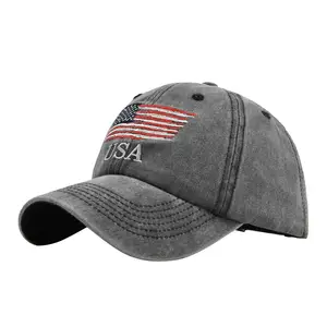 Embroidery Sport Distressed Dad Hats Embroidery 6 Panels Curved Brim Baseball Caps With American Flag