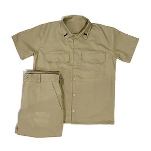 Camisa de cuello chino de sarga de algodón estilo vintage de calle alta para hombre al mejor precio con pantalones cortos con cordón de carga de secado rápido - Product Image 1