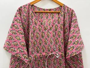 Caftan en coton à imprimé de blocs floraux Robe longue décontractée pour femmes Robe de couverture occidentale pour la nuit à la plage Autres occasions - Product Image 2