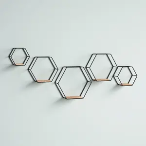 Estantes flotantes montados en la pared con marco de metal negro industrial y madera de forma hexagonal elegantes para decoración de Hotel y hogar uso al por mayor - Product Image 4