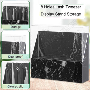 Support à pince à épiler en acrylique transparent à 8 emplacements avec impression marbre noir personnalisée, boîte de rangement pour extensions de cils avec couvercle anti-poussière - Product Image 5