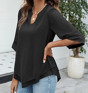 Elegante Blusa Negra de Poliéster para Mujer con Manga al Codo, Dobladillo en Capas, Cuello en V, Corte Holgado, Ropa Moderna y Elegante para Salidas Diarias - Product Image 3