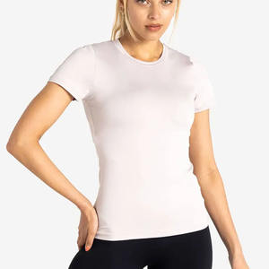 Camiseta elástica de longitud completa transpirable para mujer, color gris claro, manga corta, cuello redondo, diseñador y camiseta de entrenamiento para gimnasio y Yoga - Product Image 1