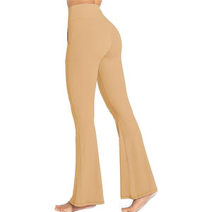 Pantalons de yoga côtelés taille haute pour femmes |   Leggings de fitness évasés avec poche latérale, taille haute, côtelés, pantalon de sport évasé - Product Image 4
