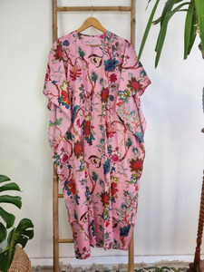 Joli rose bleu pur coton caftan longue Floral plage couverture main bloc imprimé indien été Kimono confortable printemps tricoté - Product Image 6