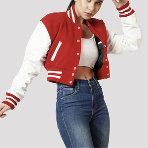 แจ็คเก็ตนักเบสบอลของผู้หญิงสีแดงและสีขาวเสื้อแจ็กเก็ตมีแขนเสื้อหนัง PU ผลิตตามสั่ง - Product Image 3