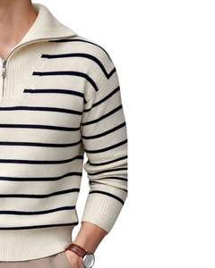 Manufacturer <b>Mens</b> Quarter Zip Knit <b>Sweater</b> White With Navy Blue Stripes Ribbed Collar Warm Winter Casual Pullover OEM Custom - Product Image 2