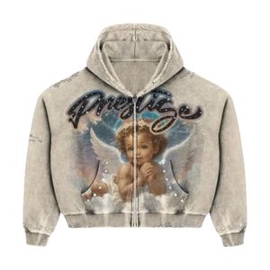 Sweat-shirt à capuche gris vintage avec fermeture éclair, graphique personnalisé en strass, veste streetwear pour hommes et femmes, sweat-shirt esthétique surdimensionné - Product Image 5