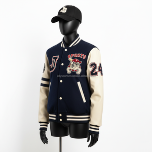 Chaqueta Universitaria para Mujer, Tejido de Lana, Paneles en Bloques de Color Azul Marino y Crema, Logotipo Personalizado, Parche de Chenilla Bordado, Chaquetas Universitarias para Mujer - Product Image 4