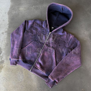 Ensemble de sweats à capuche zippés brodés effet délavé, personnalisés, en molleton 100% coton, coupe oversize, style streetwear vintage basique mélangé - Product Image 1