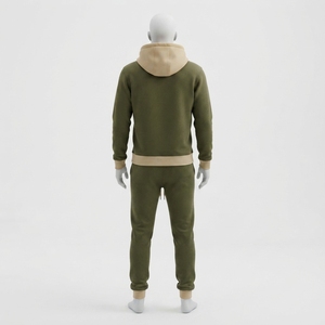 <b>Mens</b> Olive Green Hoodie Tracksuit Set Contrast Cuff <b>Pullover</b> Sweatshirt Jogger Pants Sportswear Training Gym Fitness Activewear - Product Image 4
