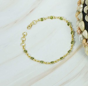 Best Seller Natural Green Peridot Gemstone Round Faceted Cut Bezel Chain <b>Gold</b> Plated Handmade <b>Solid</b> 925 Sterling Silver Bracelet - Product Image 1