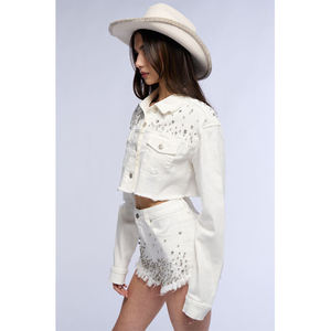 Veste zippée en détresse de haute qualité pour femmes Logo personnalisé Design bleu coupe courte lavé détresse Jean Denim coton remplissage - Product Image 3