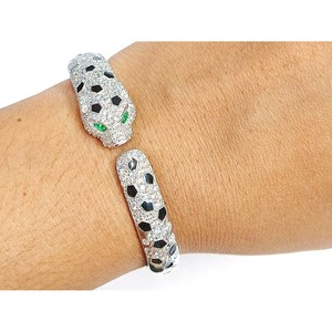 Brazalete Pantera de Oro Blanco de 14K con Esmeralda y Diamante Hecho a Mano Elegante Pulsera Animal - Product Image 1