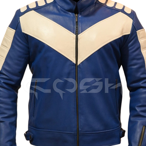 Unisex Blue Leather Biker <b>Jacket</b> With Beige Padded Shoulders & Front Zipper | Premium Fashion Outerwear Supplier - Product Image 3