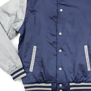 Chaqueta Bomber de Béisbol Clásica Unisex Azul Marino y Gris, Lisa, de Satén, con Cuello en V y Puños, Reversible, Impermeable, para Primavera - Product Image 2