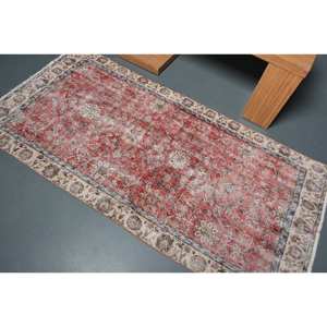 Alfombra turca de área grande tradicional rojo Beige 3,3X6,8 pies Piel de lana látex rectángulo diseño de retazos abstractos para habitación de pasillo - Product Image 4