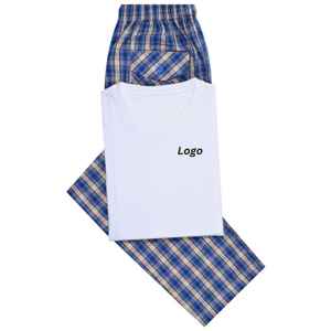 Conjunto de pijama de camiseta lisa blanca Conjunto de salón tejido de algodón 100% Ropa de dormir de media manga suave y transpirable con camiseta y pantalones de cuello redondo - Product Image 1