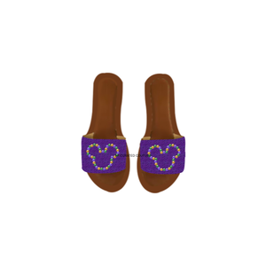 Sandales à enfiler pour femmes, faites à la main, écologiques, avec perles de rocaille violettes, vertes et dorées, semelle en cuir, design décoratif - Product Image 3