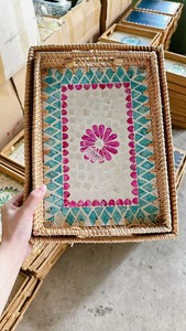 Vente chaude 2023 Tissé À La Main Rectangle Nacre Plateau En Rotin Incrusté Pour Servir Table Décor Fabriqué Au Vietnam - Product Image 6