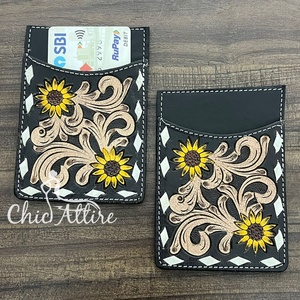Tarjetero de Cuero Vacuno Hecho a Mano Personalizado al por Mayor, Diseño Floral y de Herradura, Estilo Occidental, Porta Tarjetas de Crédito - Product Image 1