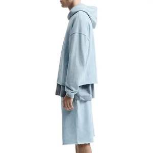 Jersey personalizado para hombre con capucha de gran tamaño lavado vintage 100% algodón crudo dobladillo recortado hombro caído ropa de calle estilo liso teñido invierno - Product Image 4