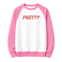 Sweat-shirt d'hiver blanc à col ras du cou et manches raglan pour femme, style sororité grecque, avec badge rose et vert, éco-responsable, à porter devant