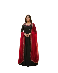 Célébrez le style ! Robe maxi traditionnelle indienne élégante, toute noire, avec des sequins lourds, longueur au sol, en soie pure Rangoli, pour mariage - Product Image 1