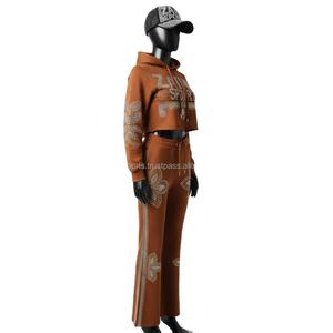<b>Women</b> <b>Tracksuit</b> Cotton Fleece 280GSM Soft <b>Brown</b> Crop Hoodie Flare Pant Rhinestone Heat Transfer Custom Logo <b>Tracksuits</b> Plus size - Product Image 4