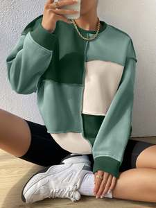 Sweat Colorblock à épaules tombantes pour femmes Streetwear multicolore Pull en polaire pour femmes Sweat uni épais Colorblock - Product Image 2