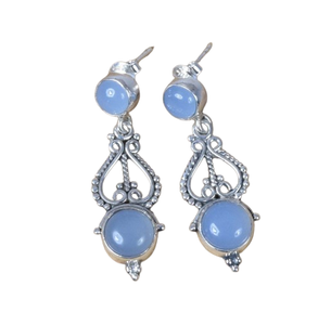 Joyería de plata fina hecha a mano, pendientes clásicos para niñas, calcedonia, Plata de Ley 925 sólida, piedras preciosas naturales, joyería de sello 925 - Product Image 1