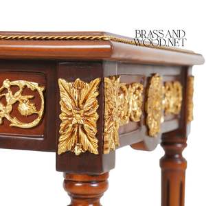 Table d'appoint carrée de luxe à deux niveaux avec incrustation florale en marqueterie et accents en laiton doré orné pour une décoration d'angle classique de la maison - Product Image 6