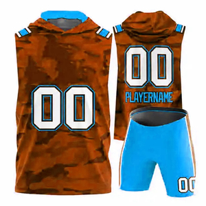 Latest New Custom Sublimated Blue Camo <b>Yellow</b> Hooded <b>Tank</b> <b>Top</b> Shorts Set Basketball 7v7 Uniform Player 00 OEM Service - Product Image 3