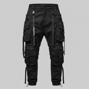 Custom Men Techwear <b>Jogger</b> Sweatpants Multi-Pocket Functional Pants Adjustable <b>Nylon</b> Straps Buckle Details Mid Waist 100% Cotton - Product Image 1
