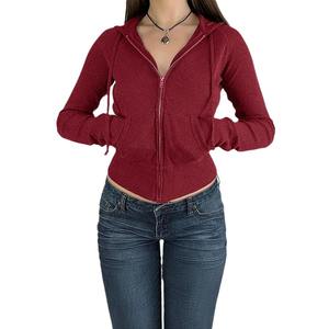 <b>Women's</b> Spring Autumn Winter <b>Cardigan</b> Solid Color Slim Fit Short Zipper Stand Collar Drawstring <b>Hood</b> Sweatshirt - Product Image 4